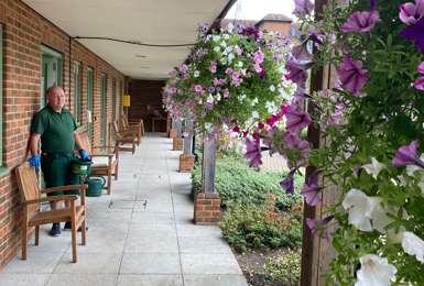 Beautiful hand-grown hanging baskets at Mayford Grange